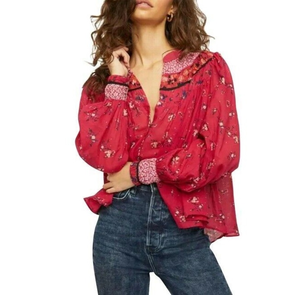 NWT Free People Paloma Floral Button Peasant Top Berry Combo Small Cottagecore - Picture 3 of 13